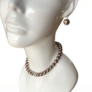 Vintage Custom Set Necklace and Earrings Taupe Pearls with Simulant Diamonds